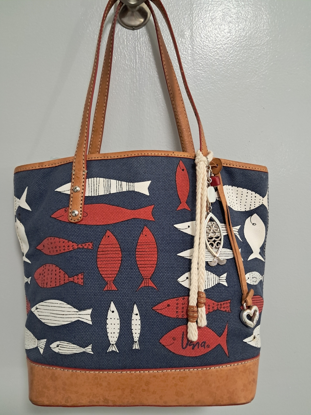 Rare Brighton Vera Neumann Nautical Navy Tote w/ Red & White Fish Leather Trim
